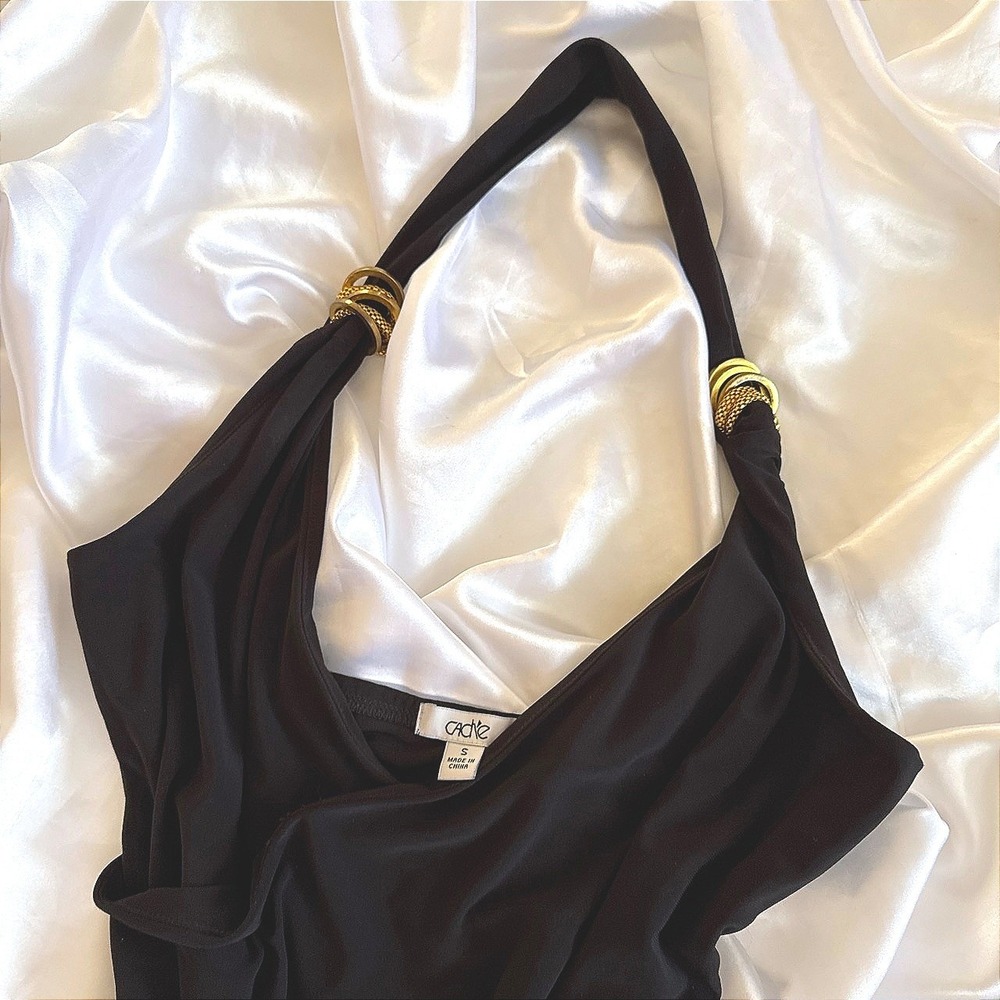 Cache Black Halter Top Gold Ring Hardware Draped Ruched Evening Blouse Small